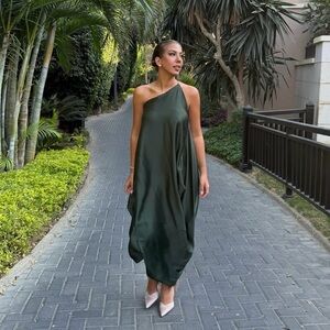 Zara Elegant Green One-Shoulder asymmetric maxi Dress evening party